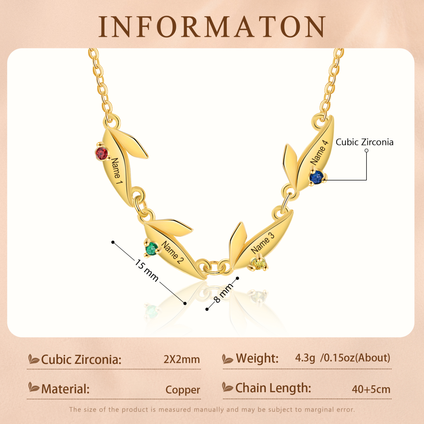 Collier Feuille 4 Prénoms Personnalisés avec Pierre de naissance Collier Femmes