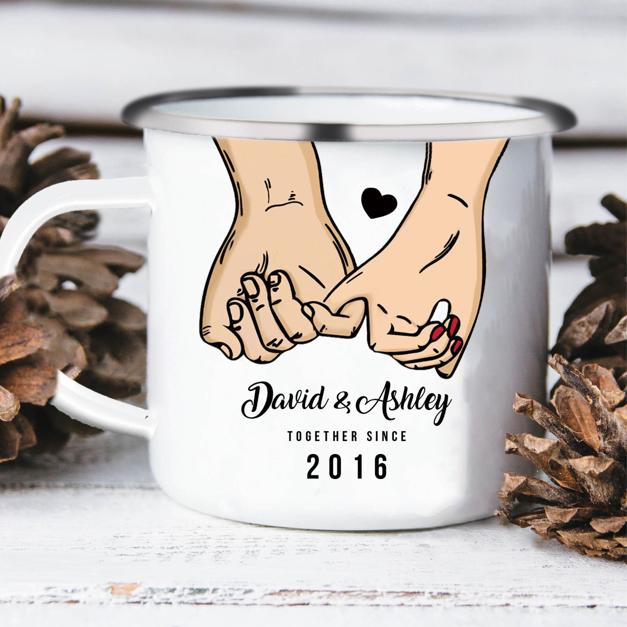 Tasse émaillée 2 Prénoms Personnalisés avec Texte et Année pour Couple promesse du petit doigt