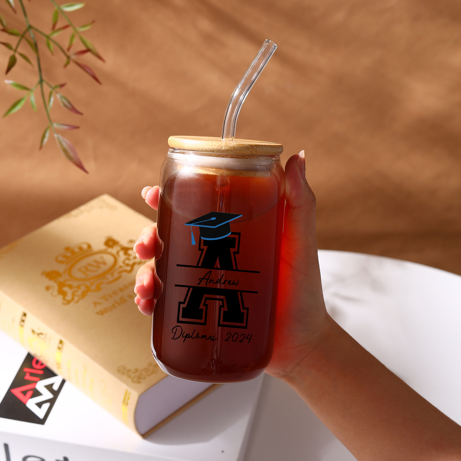 Tasse en Verre avec Paille Prénom et Lettre Personnalisés avec Texte Cadeau de remise des Diplômes