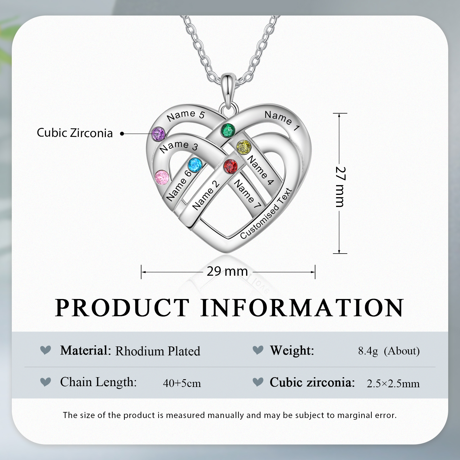 Collier Pendentif Cœur 7 Prénoms et 1 Texte Personnalisés avec 6 Pierres de Naissance Collier Femmes