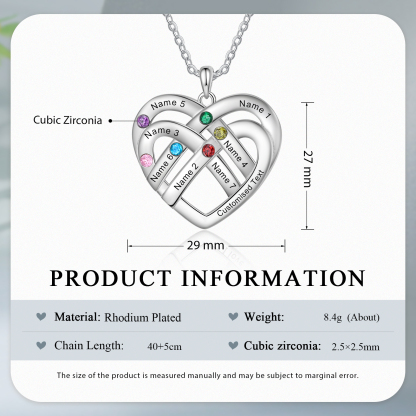 Collier Pendentif Cœur 7 Prénoms et 1 Texte Personnalisés avec 6 Pierres de Naissance Collier Femmes