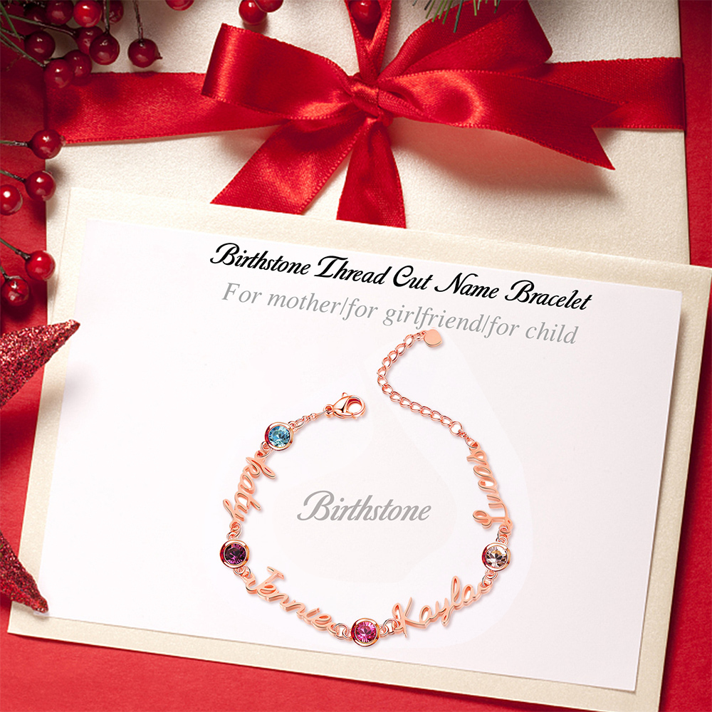 Bracelet Breloque 4 Prénoms Personnalisés avec 4 Pierre de Naissance pour Femmes