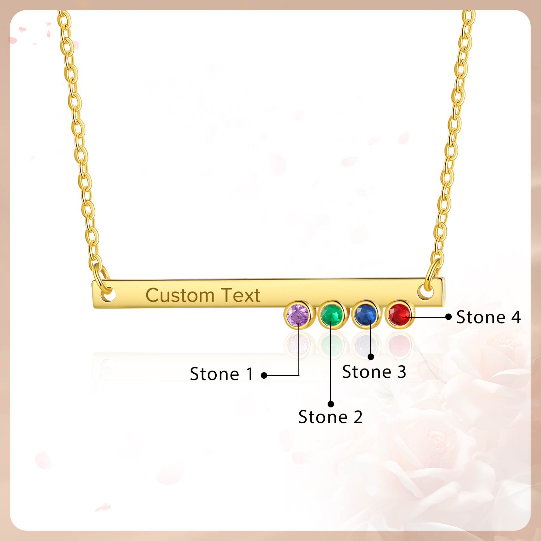 Collier Barre fine 1 Texte Personnalisé avec 4 Pierres de naissance Collier Femmes