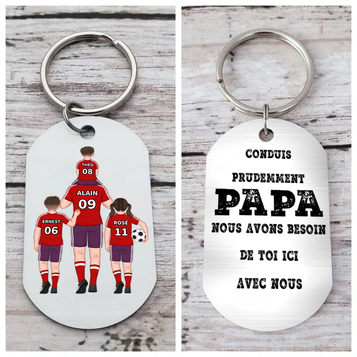 À mon Papa - Porte-Clés Famille du Football 2-4 Prénoms Personnalisés
