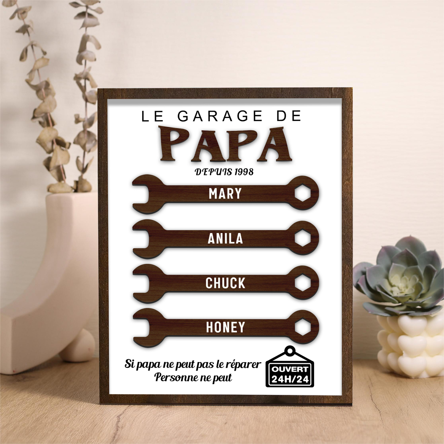 À Mon Papa-Cadre en Bois Garage 4 Prénoms Personnalisés