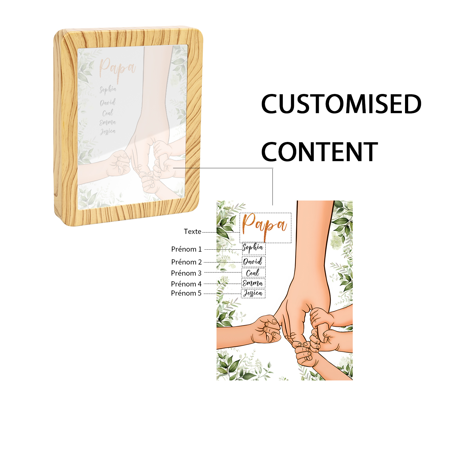 Lampe LED/Cadre Photo/Miroir multifonctionnel la main dans la main 5 Prénoms et 1 Tetxe Personnalisés Cadeau Créatif pour Famille