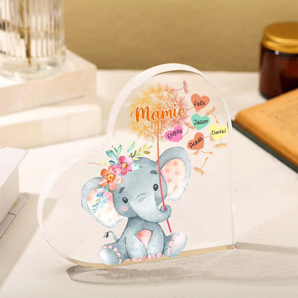 À ma Mamie - Plaque Acrylique Éléphant en Forme de Cœur 5 Prénoms Personnalisés
