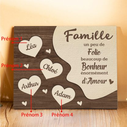 Cadre en Bois Cœur 4 Prénoms Personnalisés pour Famille
