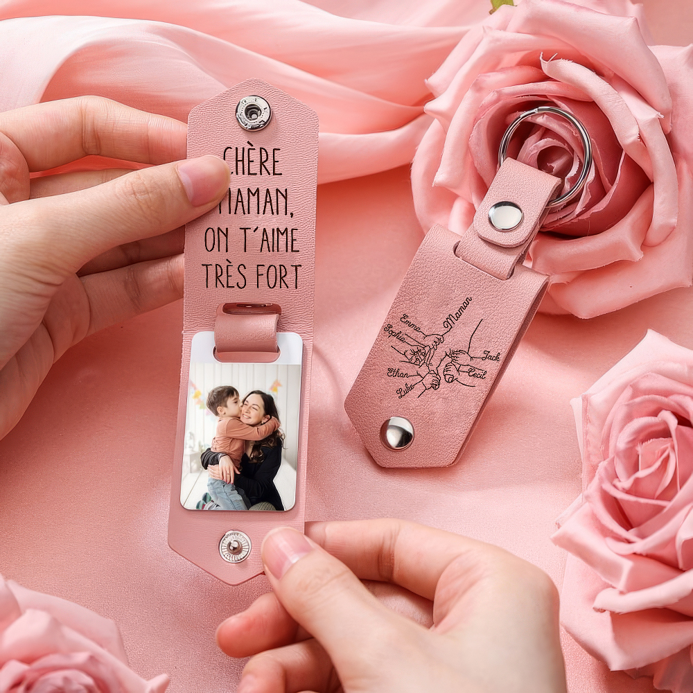 À ma Maman - Porte-Clés Cuir la Main dans la Main 6 Prénoms Personnalisés avec Photo