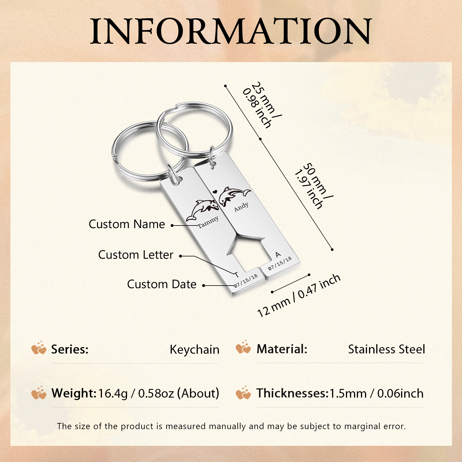 Porte-Clés dauphin 2 Lettres et 2 Prenoms Personnalisés avec 2 Dates | Jessemade