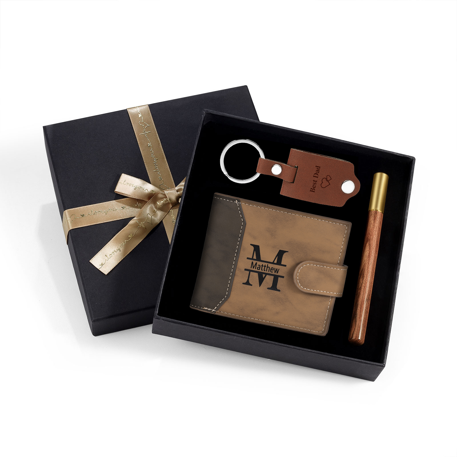 Coffret Cadeau 3PCS - Portefeuille classique Porte-Clés et Stylo 1 Prénom et Lettre Personnalisés avec 2 Textes et 2 Photos Coffret Cadeau pour Homme