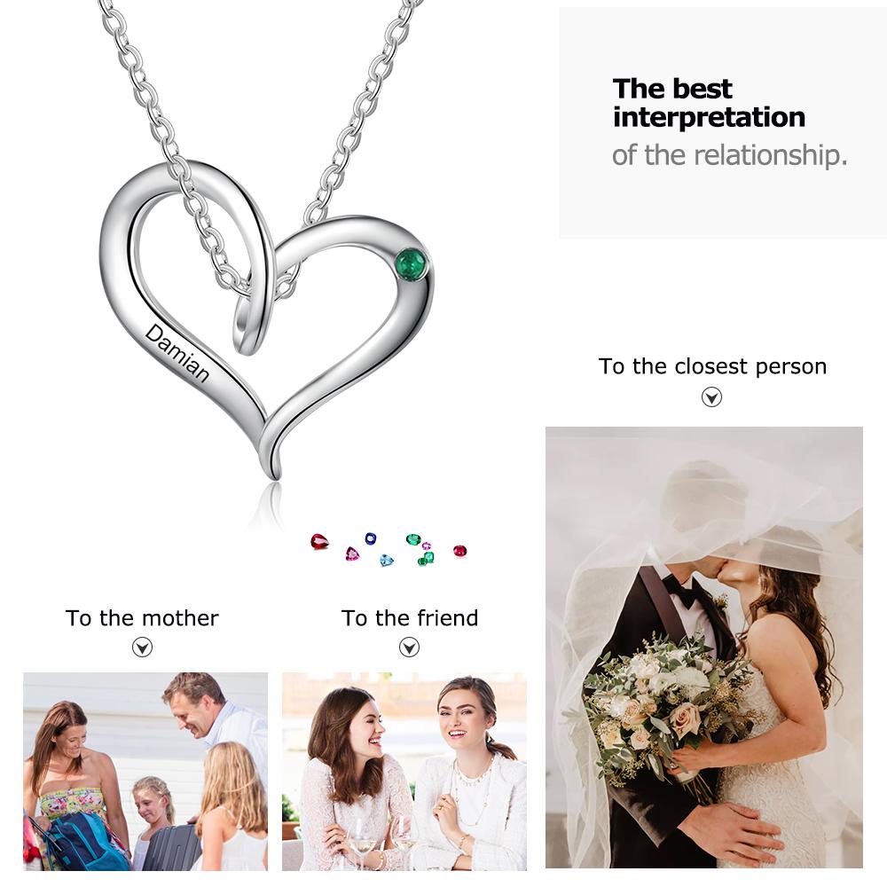 Collier Prénom Personnalisé Pendentif Cœur avec 1 Pierre de Naissance