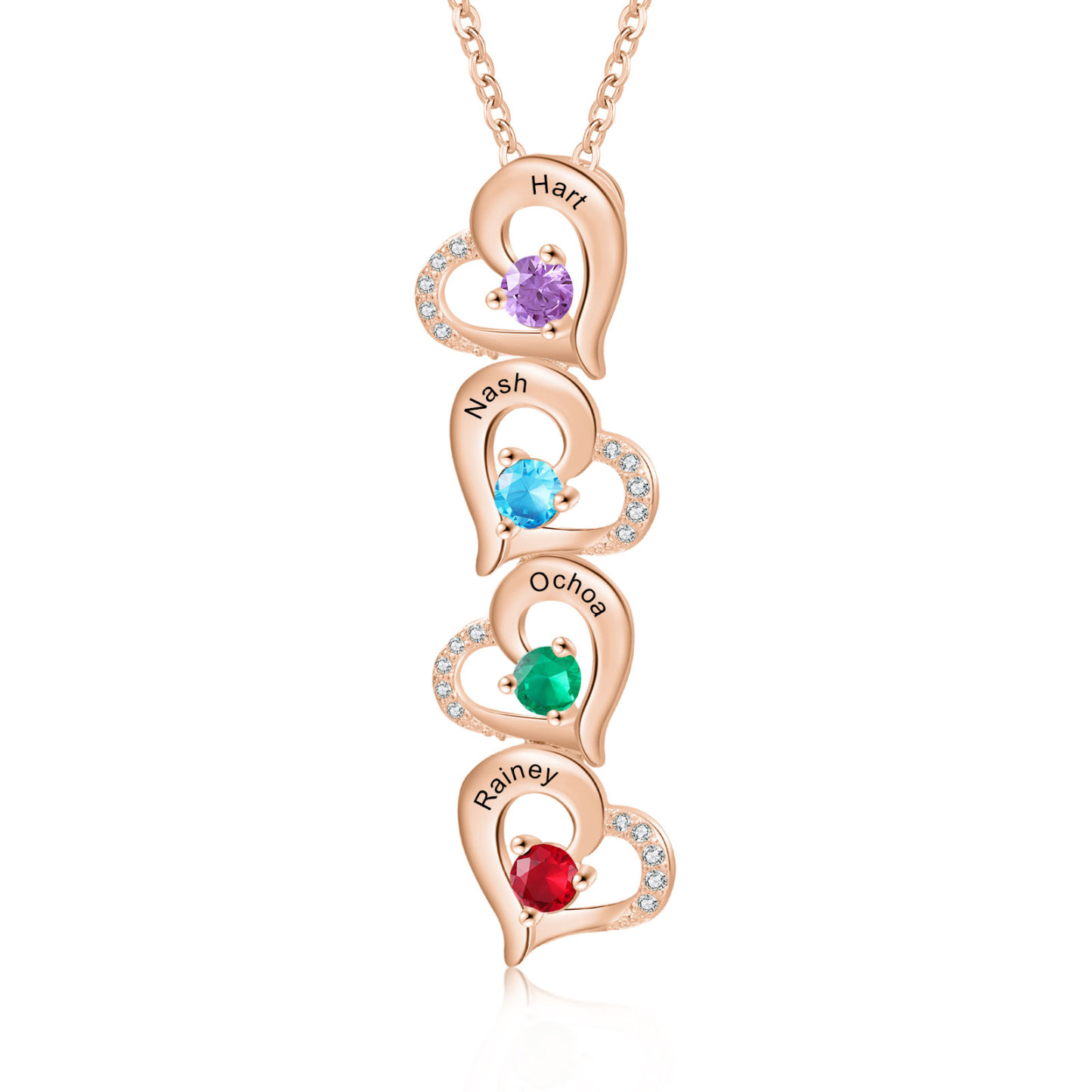 Collier Pendentif Cœur 4 Prénoms Personnalisés avec Pierre de naissance pour Femmes