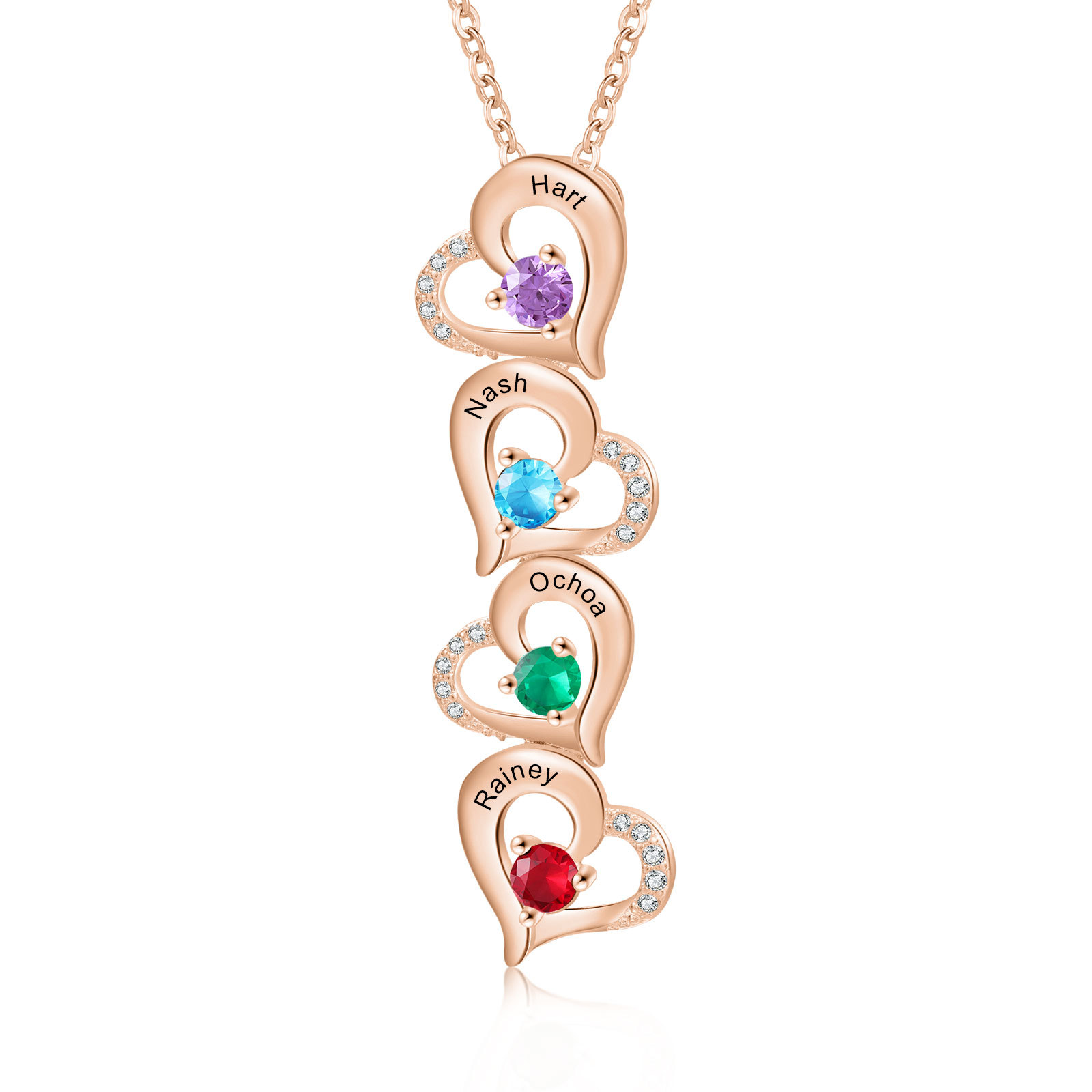 Collier Pendentif Cœur 4 Prénoms Personnalisés avec Pierre de naissance pour Femmes