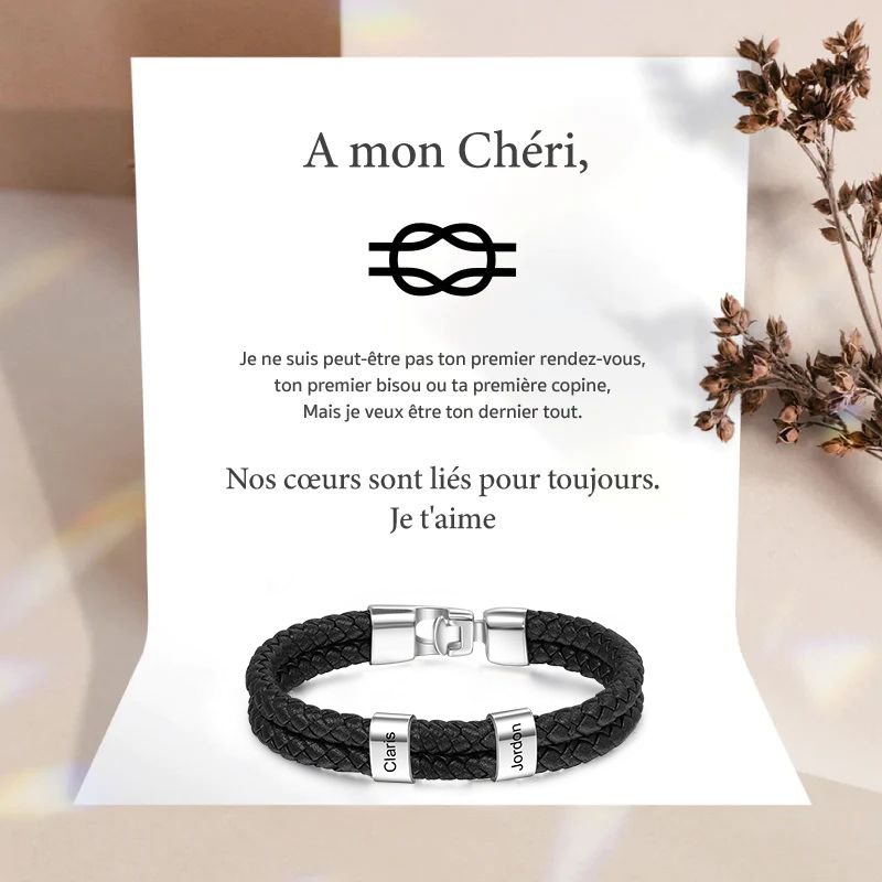 À Mon Chéri - Bracelet Cuir tressé 2 Perles Prénom Personnalisé Bracelet Homme