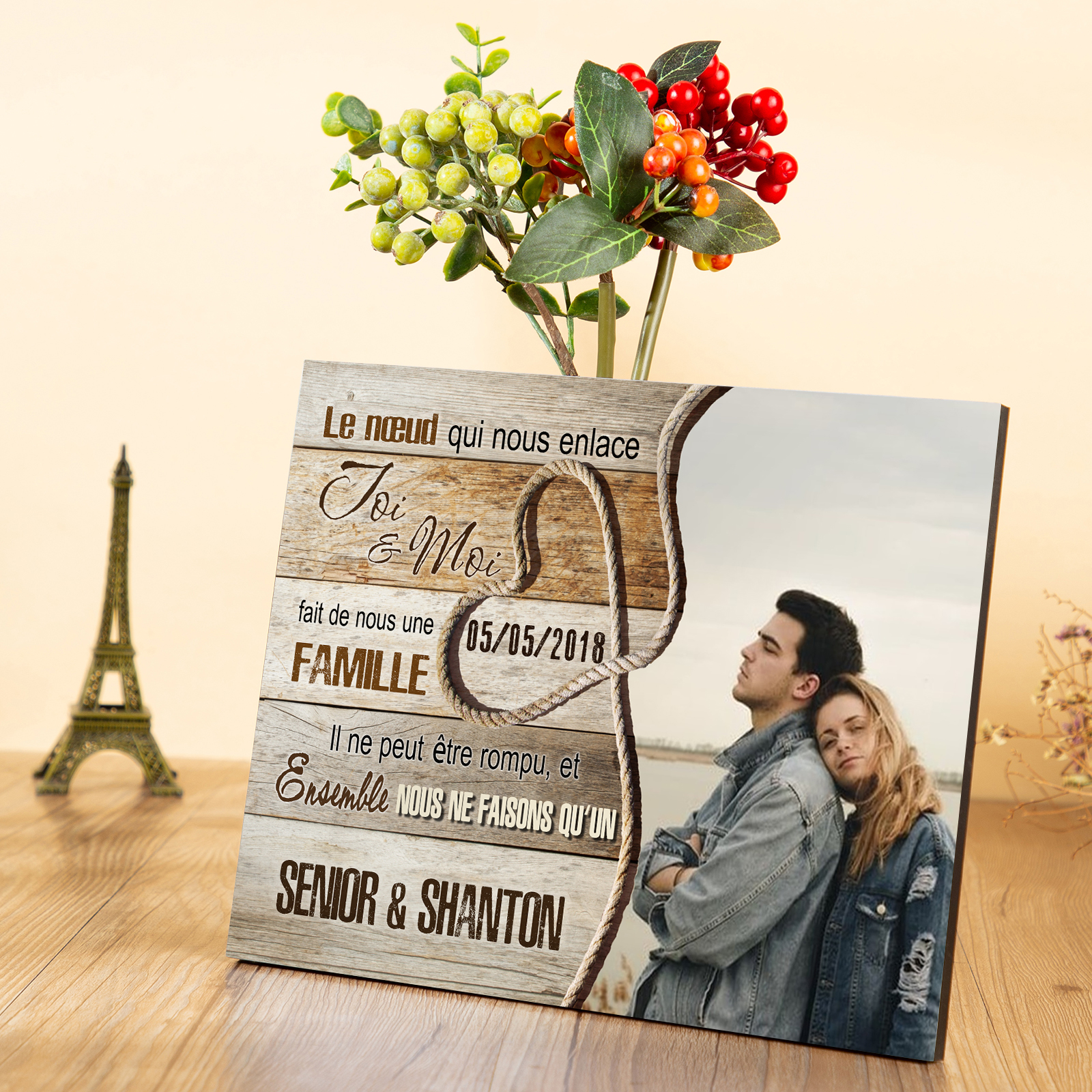 Cadre en Bois 2 Prénoms Personnalisés avec Date et Photo pour Couple Cadeau Saint Valentin | Jessemade