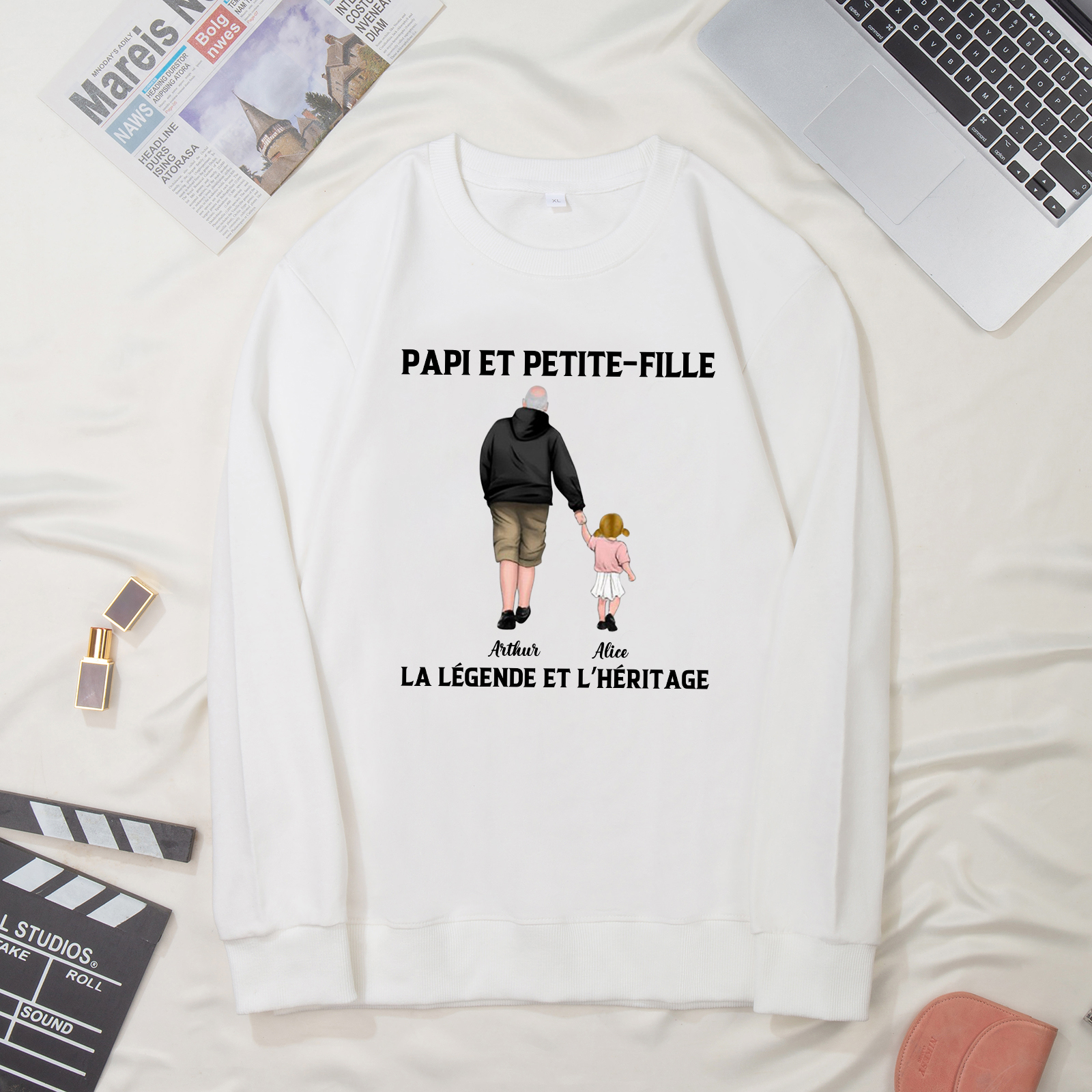 À mon Papi - Sweat-Shirt Papi et Petite-Fille 2 Prénoms Personnalisés