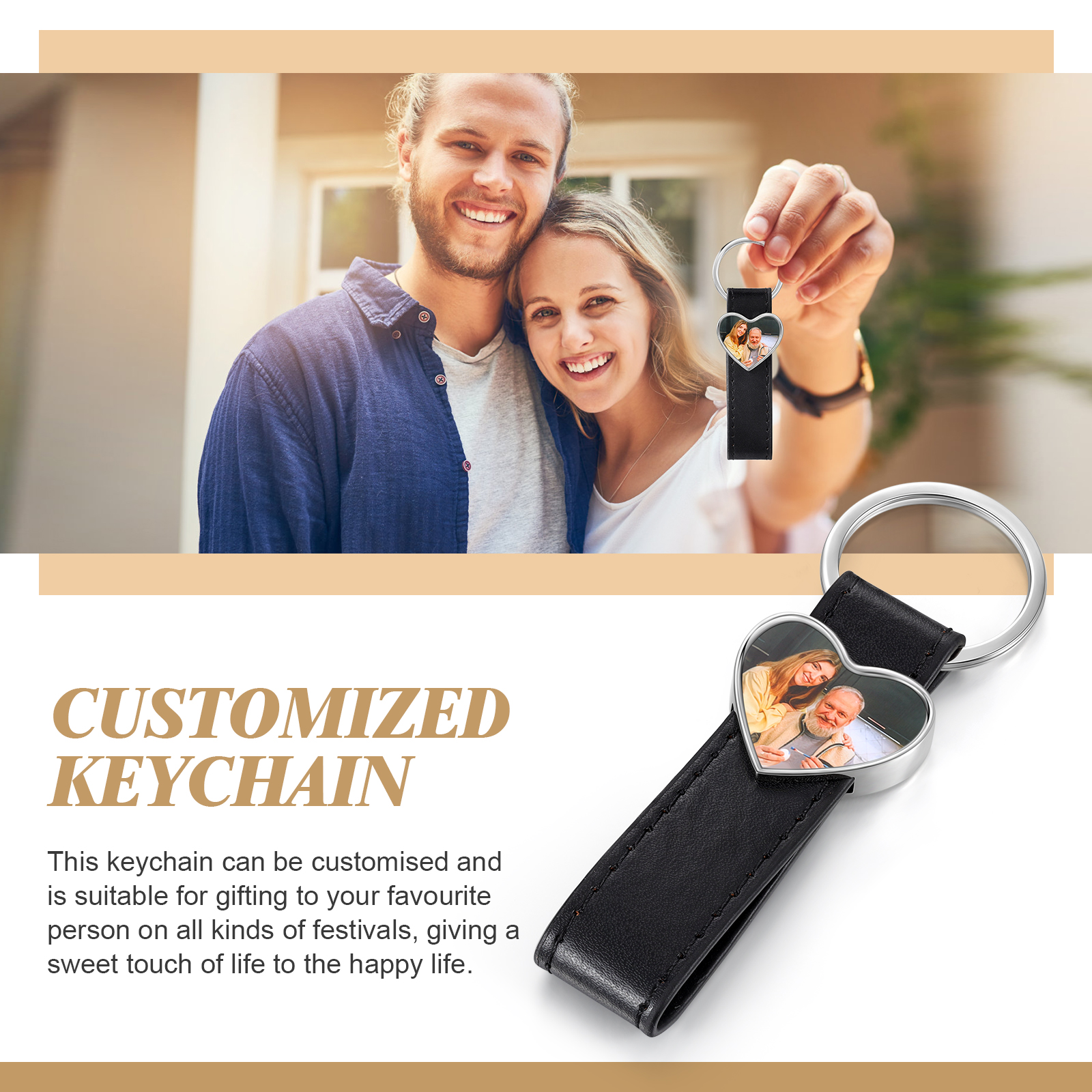 Porte-Clés Cuir PU Cœur Photo Personnalisée Porte-Clés Homme