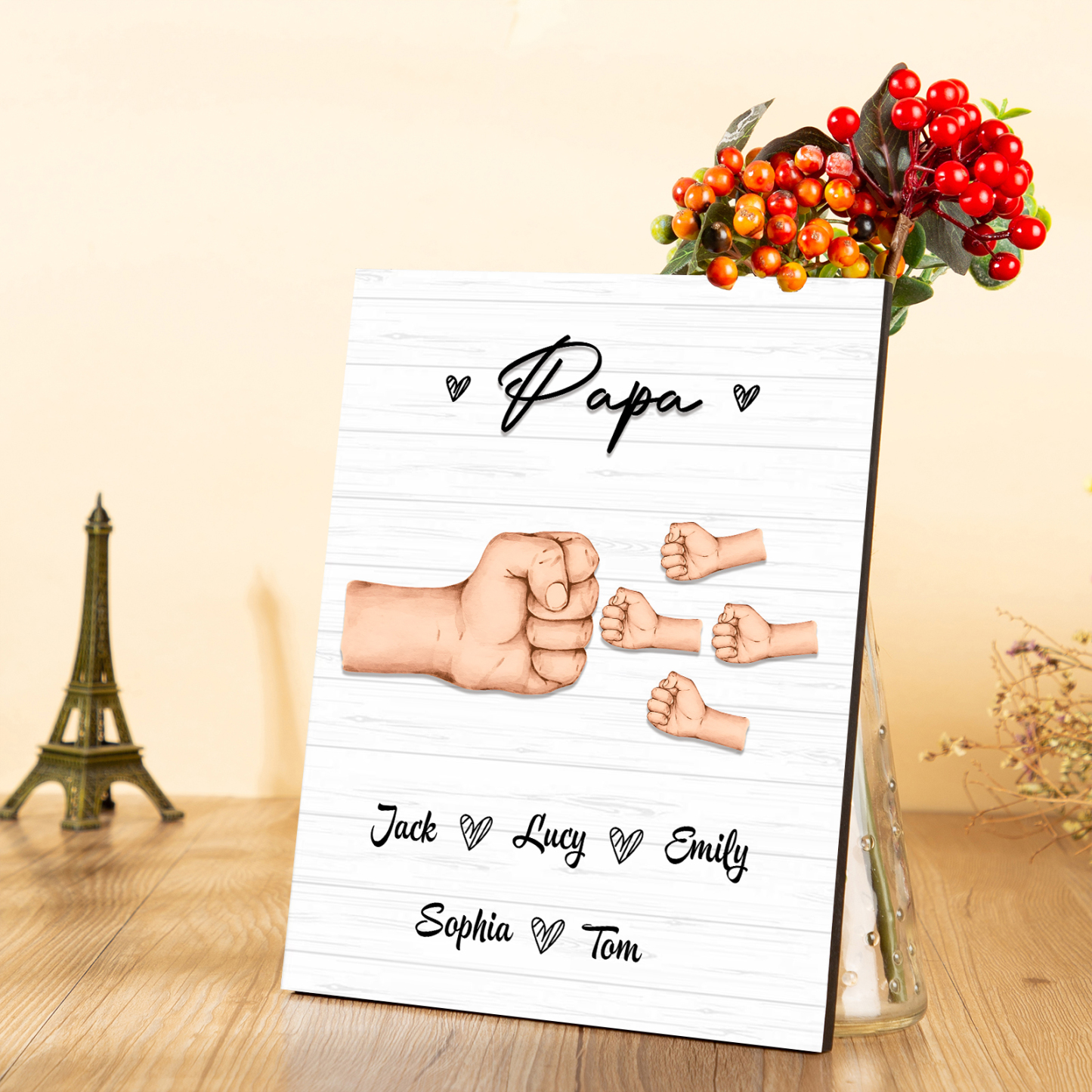 À Mon Papa/Papi-Cadre en Bois Poings 5 Prénoms Personnalisés avec Texte