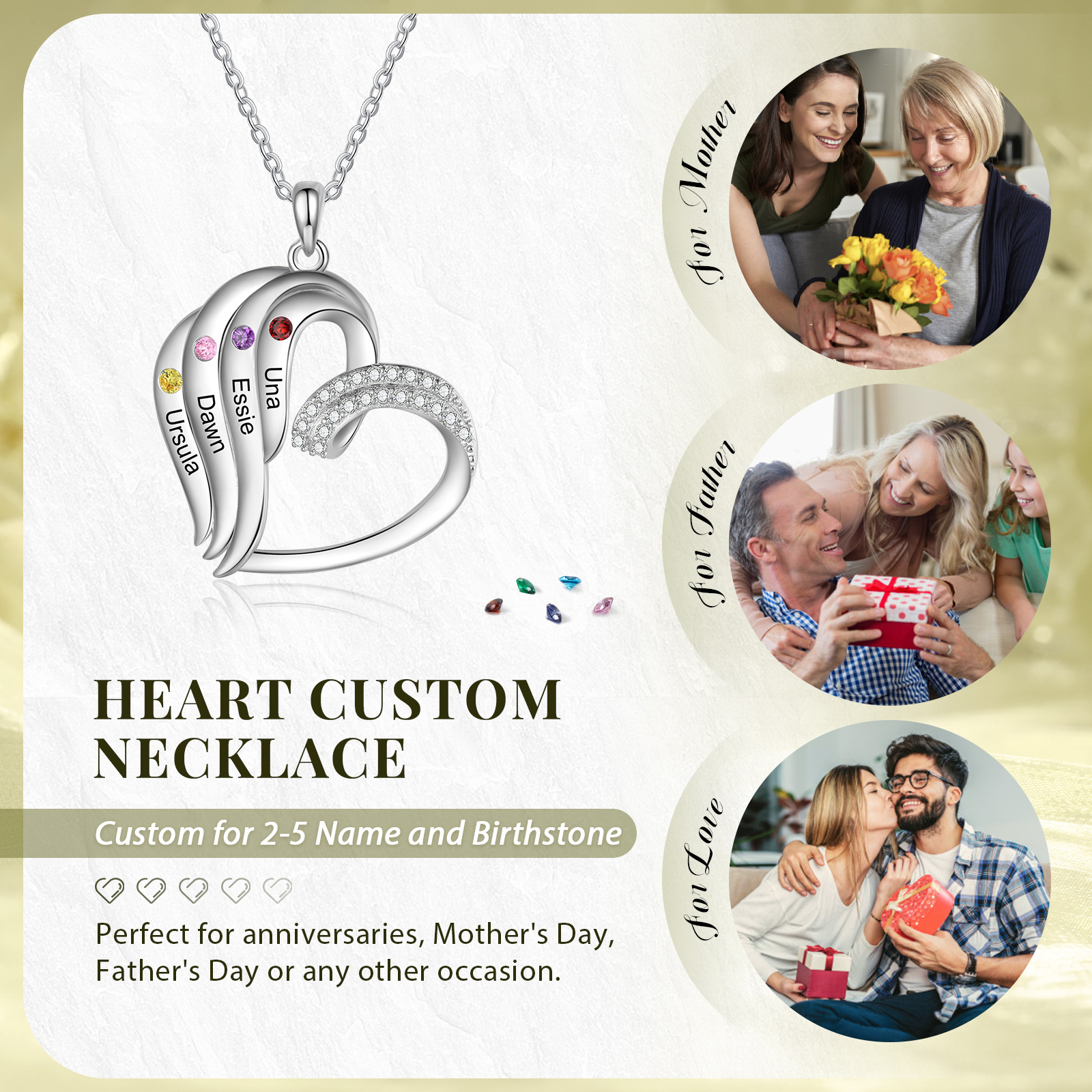Collier Coeur 4 Prénoms Personnalisés avec Pierre de naissance pour Femmes|Jessemade
