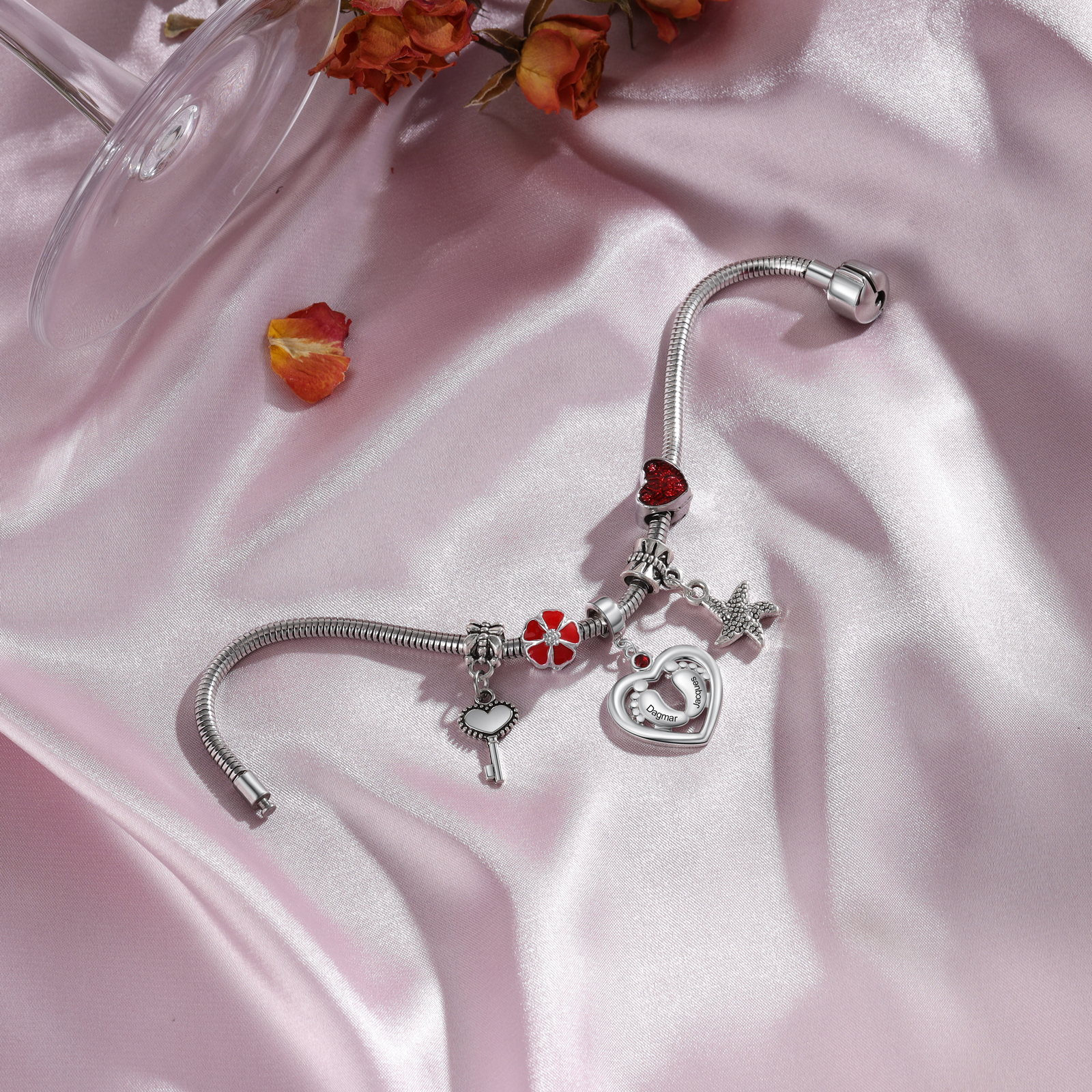 Charm 2 Prénom Personnalisé Pendentif En forme de Cœur pied bebe avec 1 Pierre de Naissance pour Bracelet