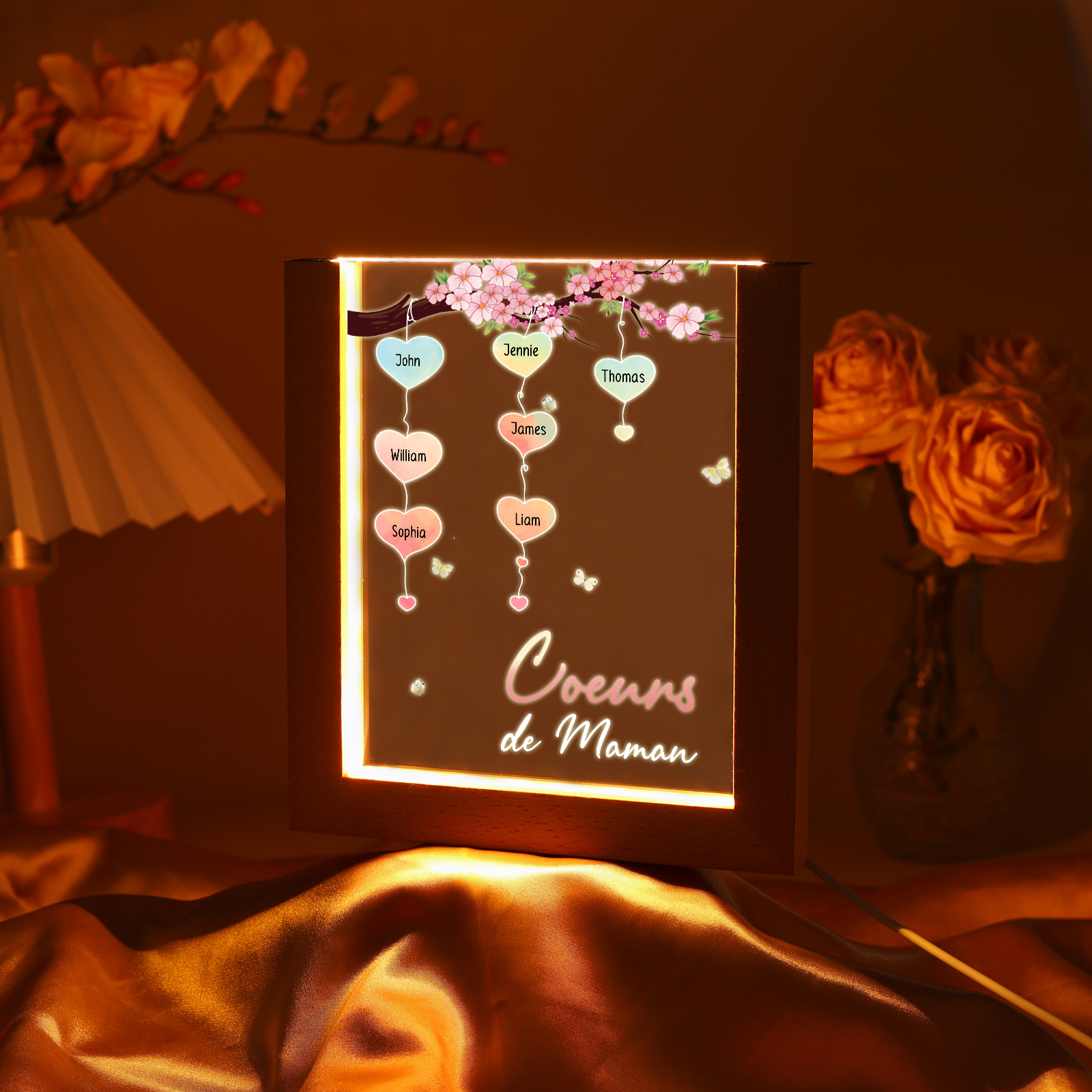 À Maman/Mamie - Lampe de chevet LED Arbre 7 Prénoms Personnalisés avec 1 Texte