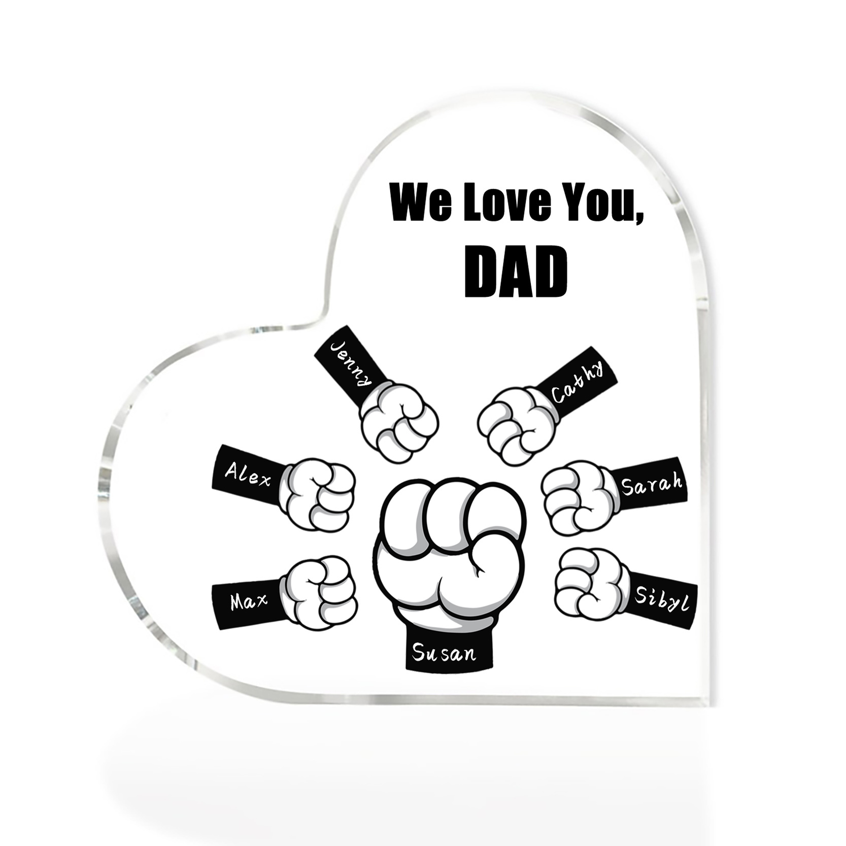 À mon Papa/Maman - Plaque Acrylique en Forme de Cœur Poings 7 Prénoms Personnalisés avec 1 Texte