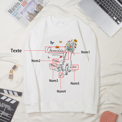 Sweat-Shirt la main dans la main 5 Prénoms Personnalisés avec Texte