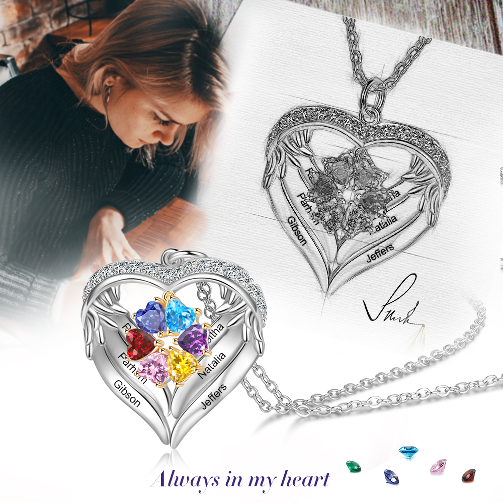 Collier Prénom cœur Argent 925 6 Prénom 6 pierre de naissance