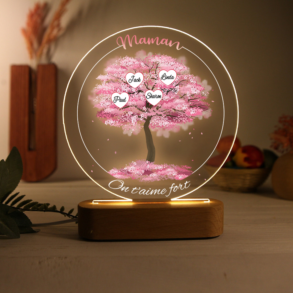 À Maman/Mamie - Lampe de chevet LED Lumières Arbre 4 Prénoms et 2 Textes Personnalisés pour Famille