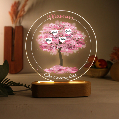 À Maman/Mamie - Lampe de chevet LED Lumières Arbre 4 Prénoms et 2 Textes Personnalisés pour Famille