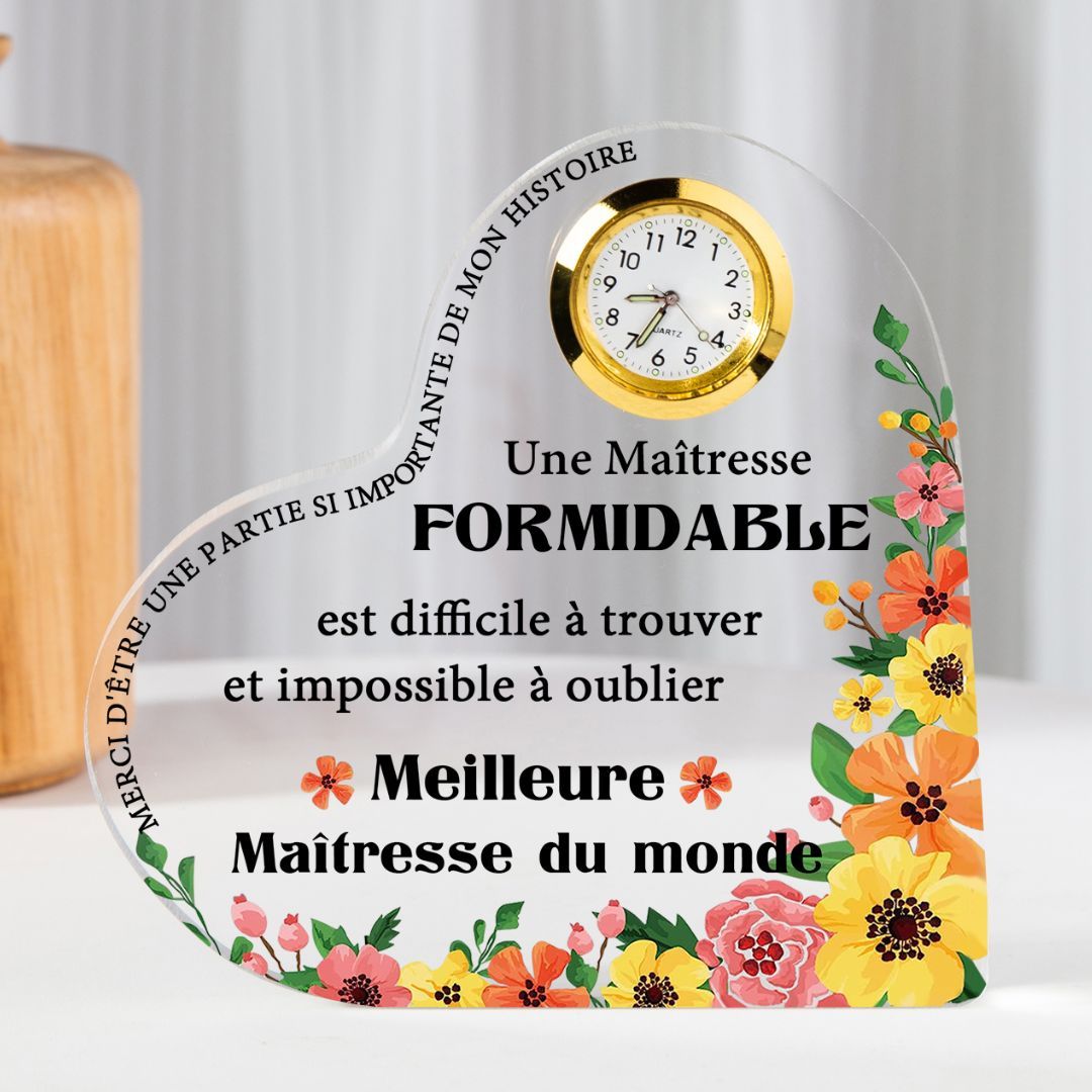 Cadeau Maîtresse – Plaque acrylique Coeur avec Horloge et Message “Meilleure Maîtresse du Monde” | Jessemade