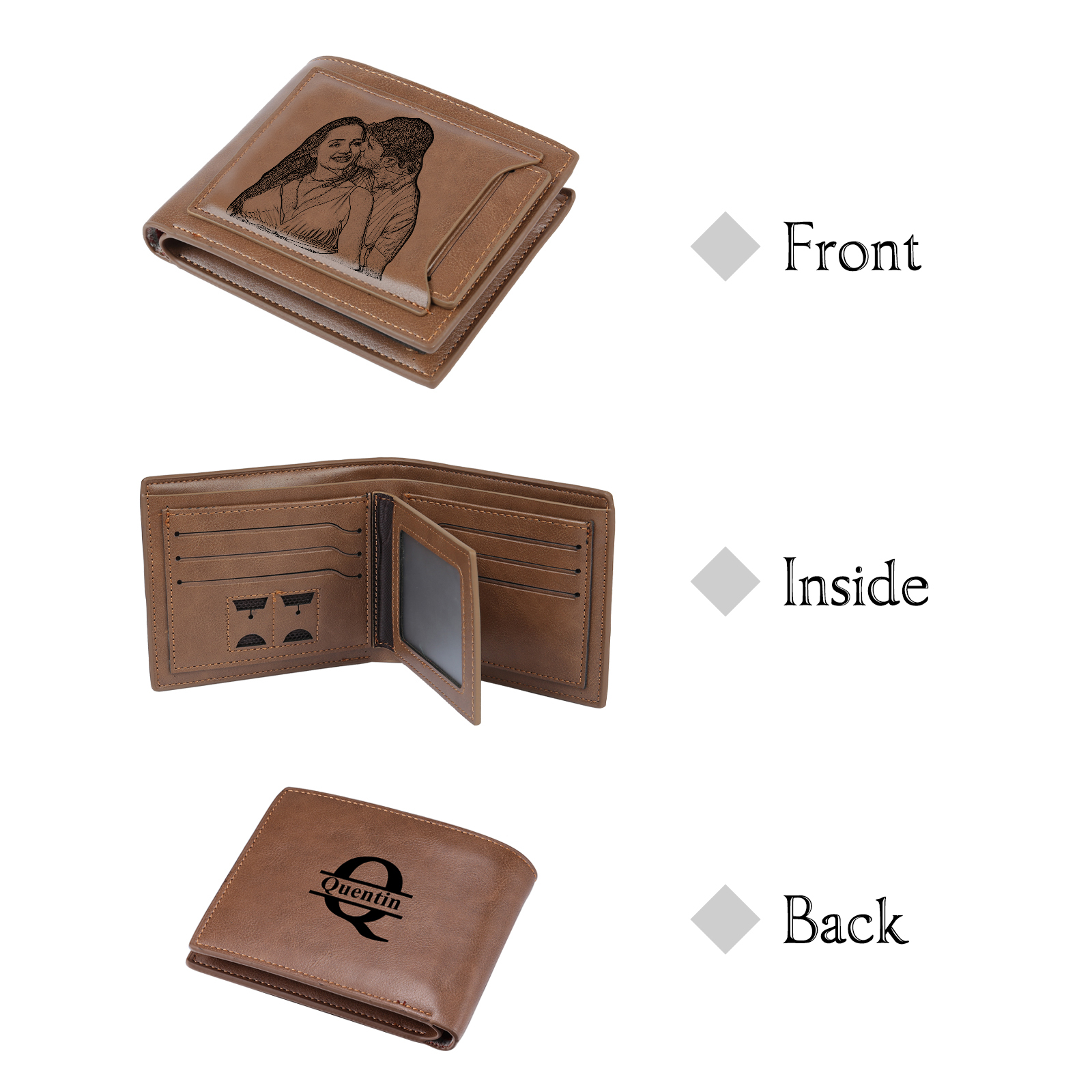 Portefeuille 1 Prénom Personnalisé avec Lettre et Photo et Texte Classique Homme Porte-Monnaie Carte