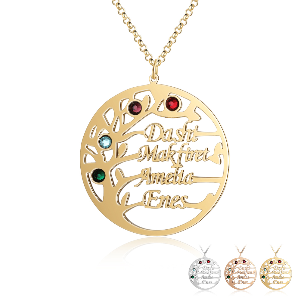 Collier Argent Arbre de vie Arbre généalogique 4 prenoms Avec Pierre De Naissance
