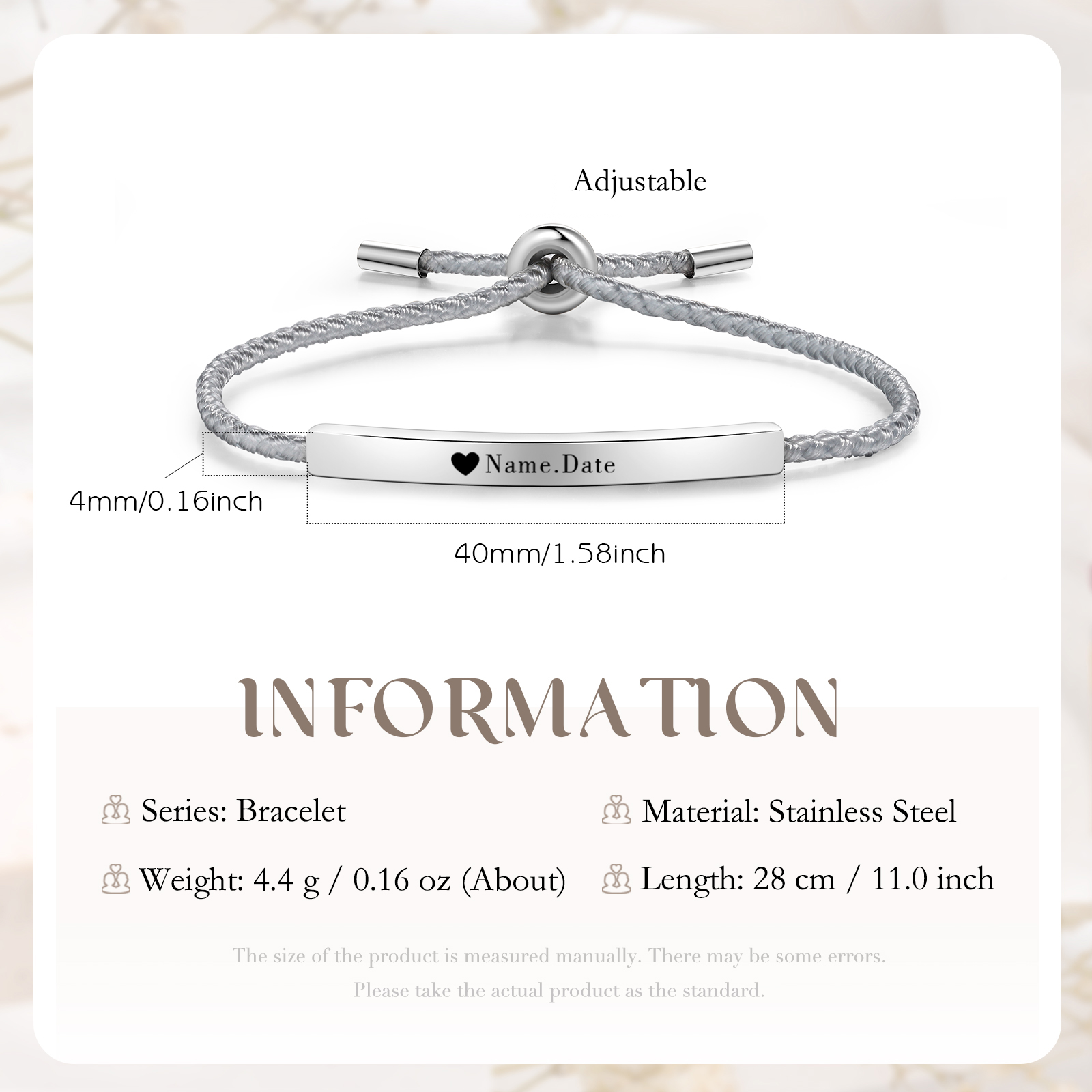 Bracelet 1 Prénom et Date Personnalisés pour Couple