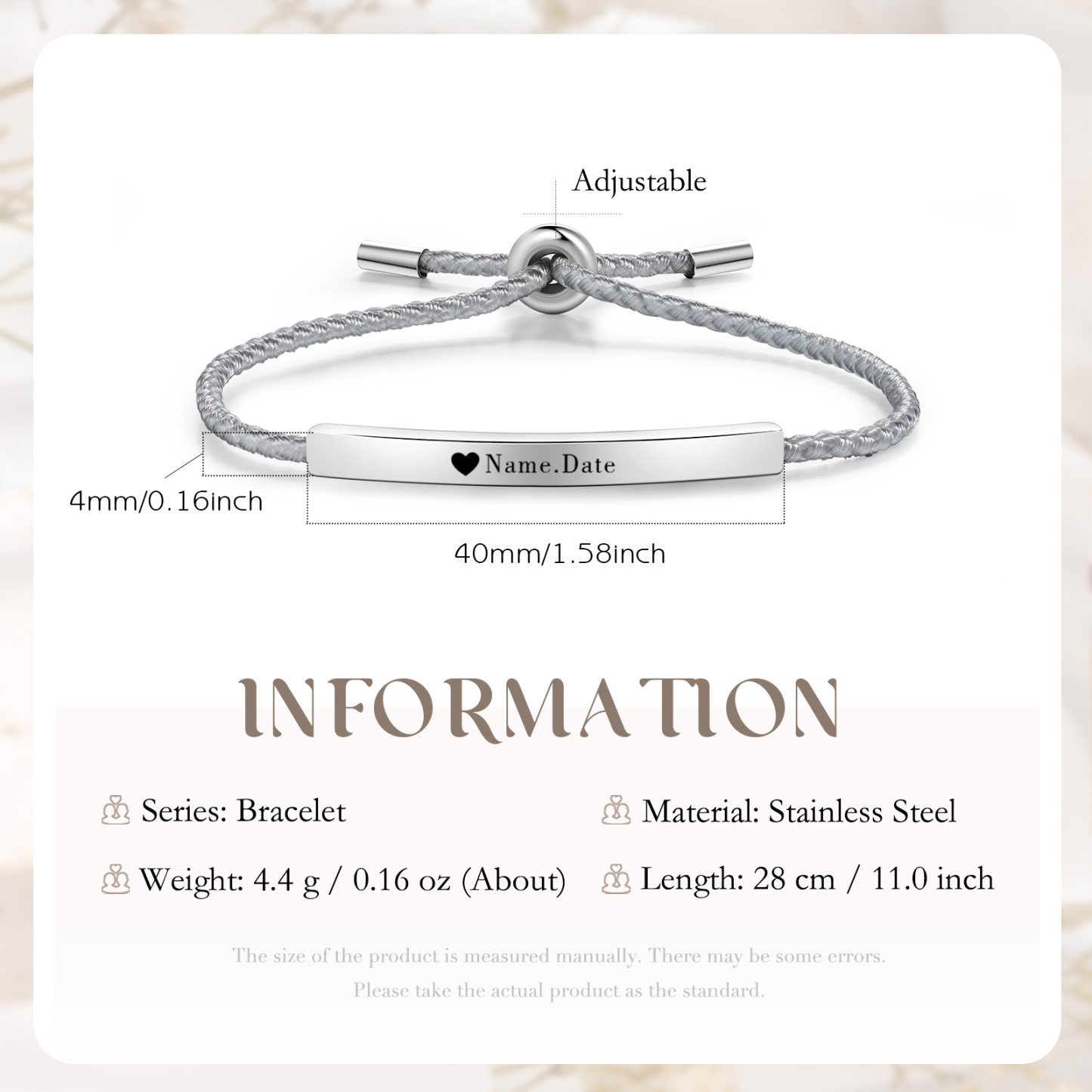 Bracelet 1 Prénom et Date Personnalisés pour Couple