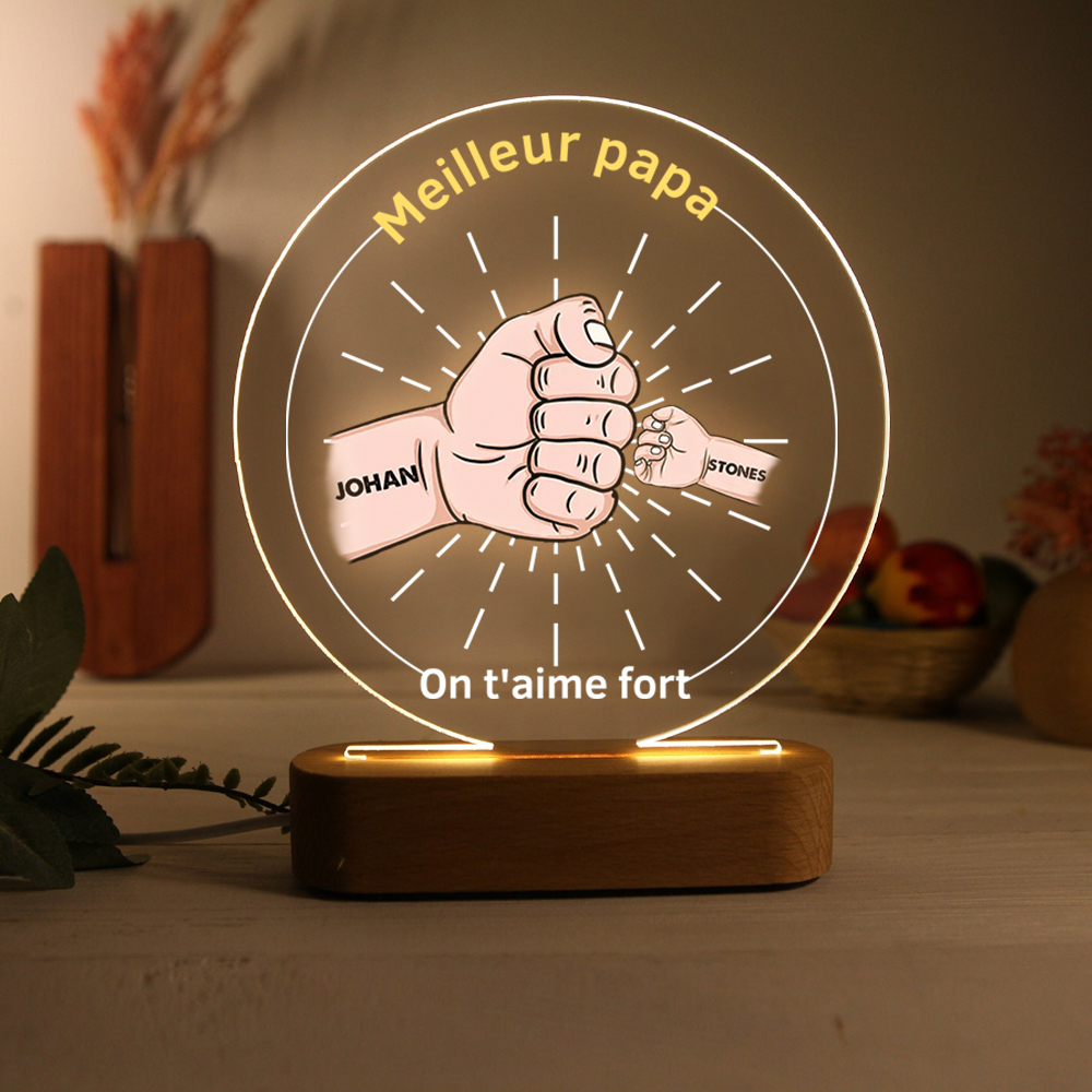 À Papa/Papi - Lampe de chevet LED Lumières Poings 2 Prénoms et 2 Textes Personnalisés pour Famille