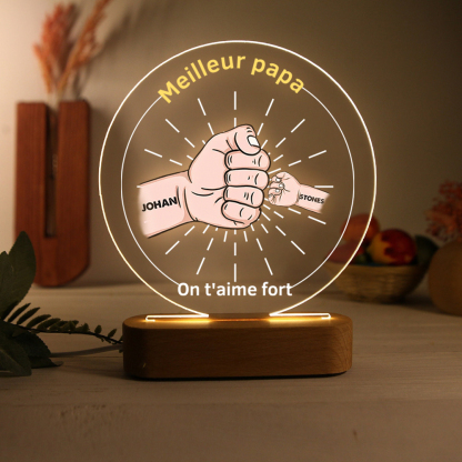 À Papa/Papi - Lampe de chevet LED Lumières Poings 2 Prénoms et 2 Textes Personnalisés pour Famille