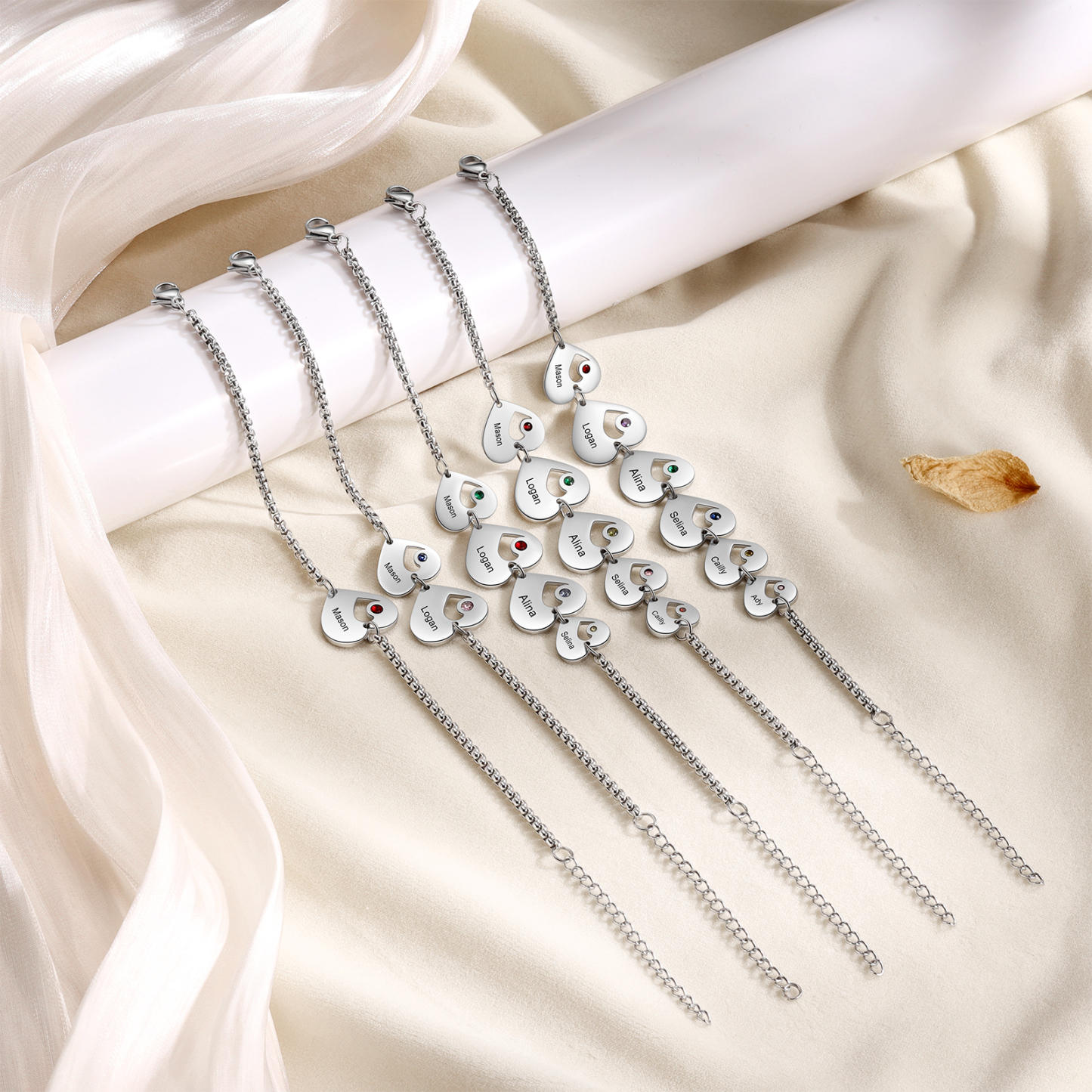 Bracelet Cœur 2 Prénom Personnalisé Bracelet Pierre De Naissance pour Femme｜Jessemade