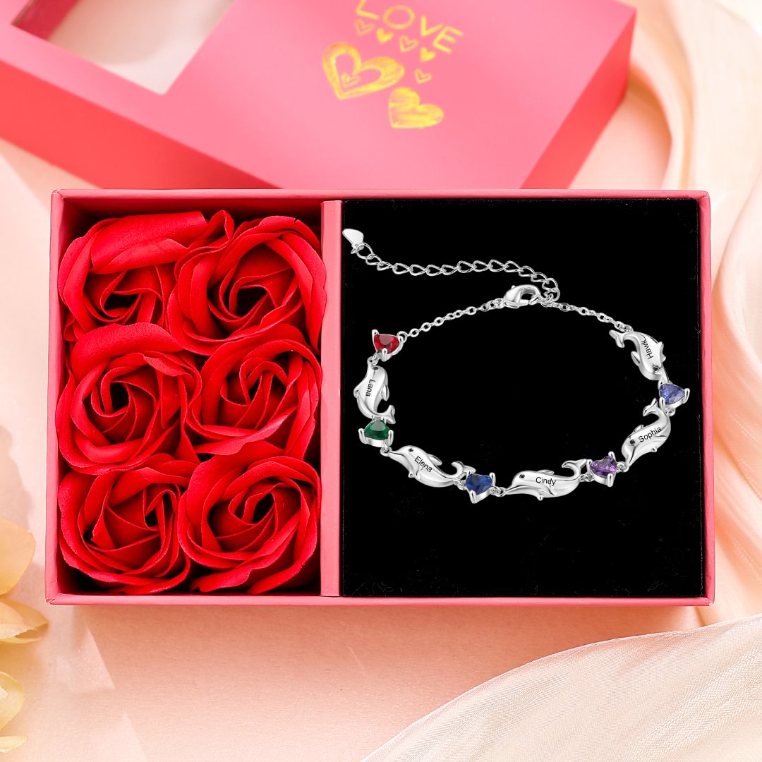 Bracelet dauphin 5 Prénoms Personnalisé avec 5 Pierres de Naissance