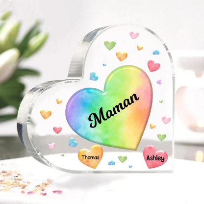 À ma Maman/Mamie - Plaque Acrylique en Forme de Cœur 2 Prénoms Personnalisés avec 1 Texte