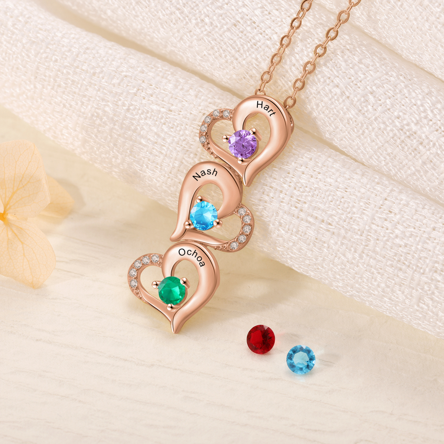 Collier Pendentif Cœur 3 Prénoms Personnalisés avec Pierre de naissance pour Femmes