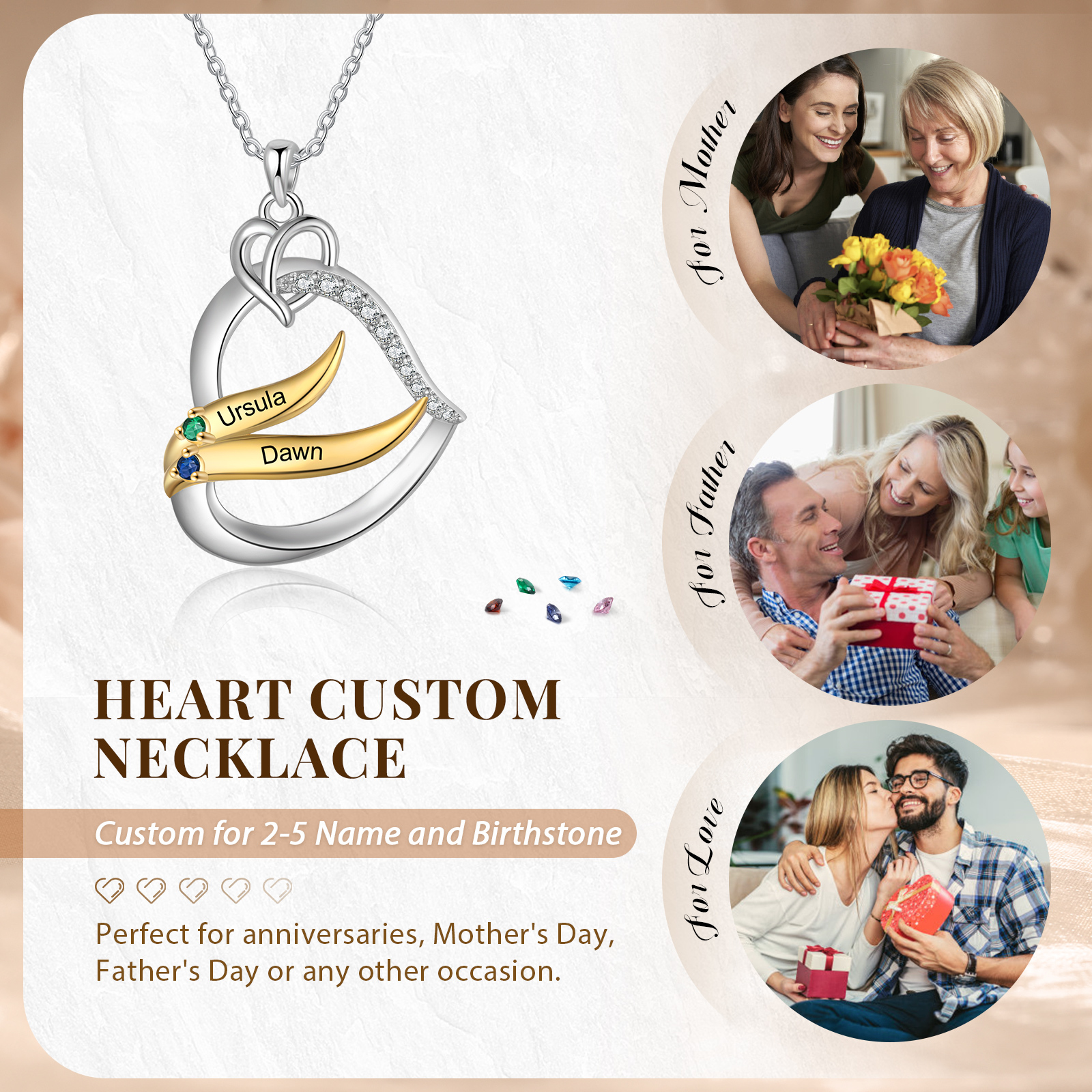 Collier Pendentif Cœur et Ailes Collier Personnalisé Femme avec 2 Prénoms et Pierres de naissance|Jessemade