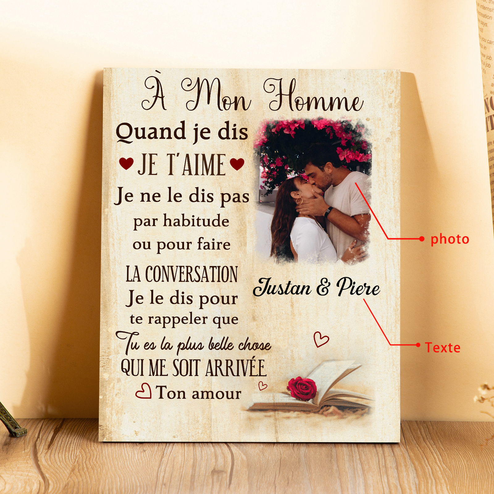 Cadre en Bois 2 Prénoms Personnalisés avec Photo pour Couple Cadeau Saint Valentin