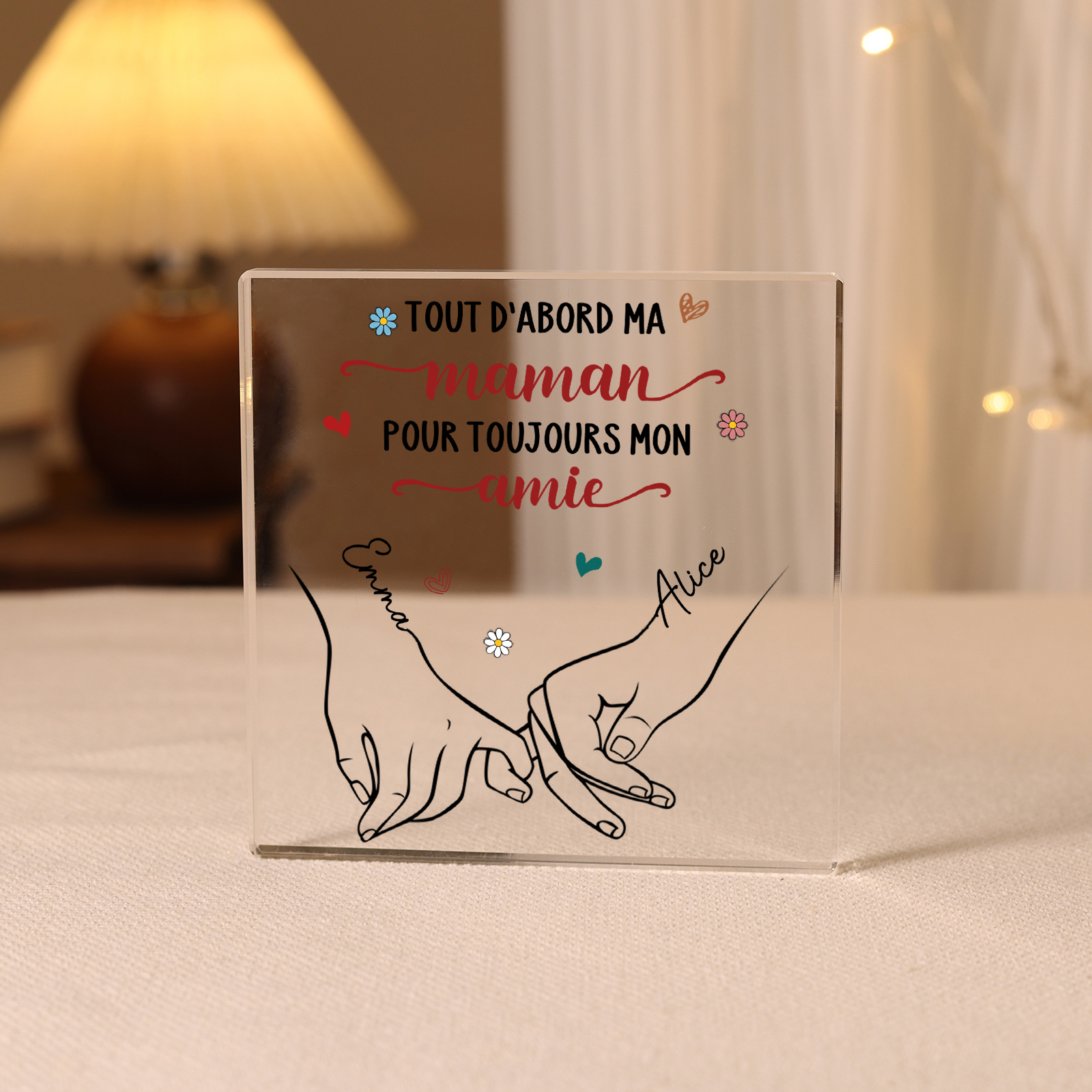 À ma Maman - Plaque Acrylique Carrée Promesse du petit doigt 2 Prénoms Personnalisés