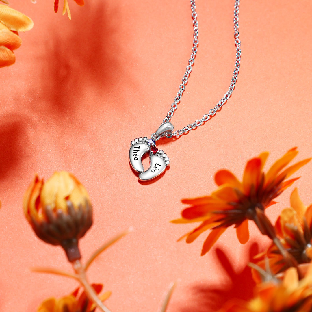 Collier 2 Prénom Personnalisé pied bebe avec pierre de naissance