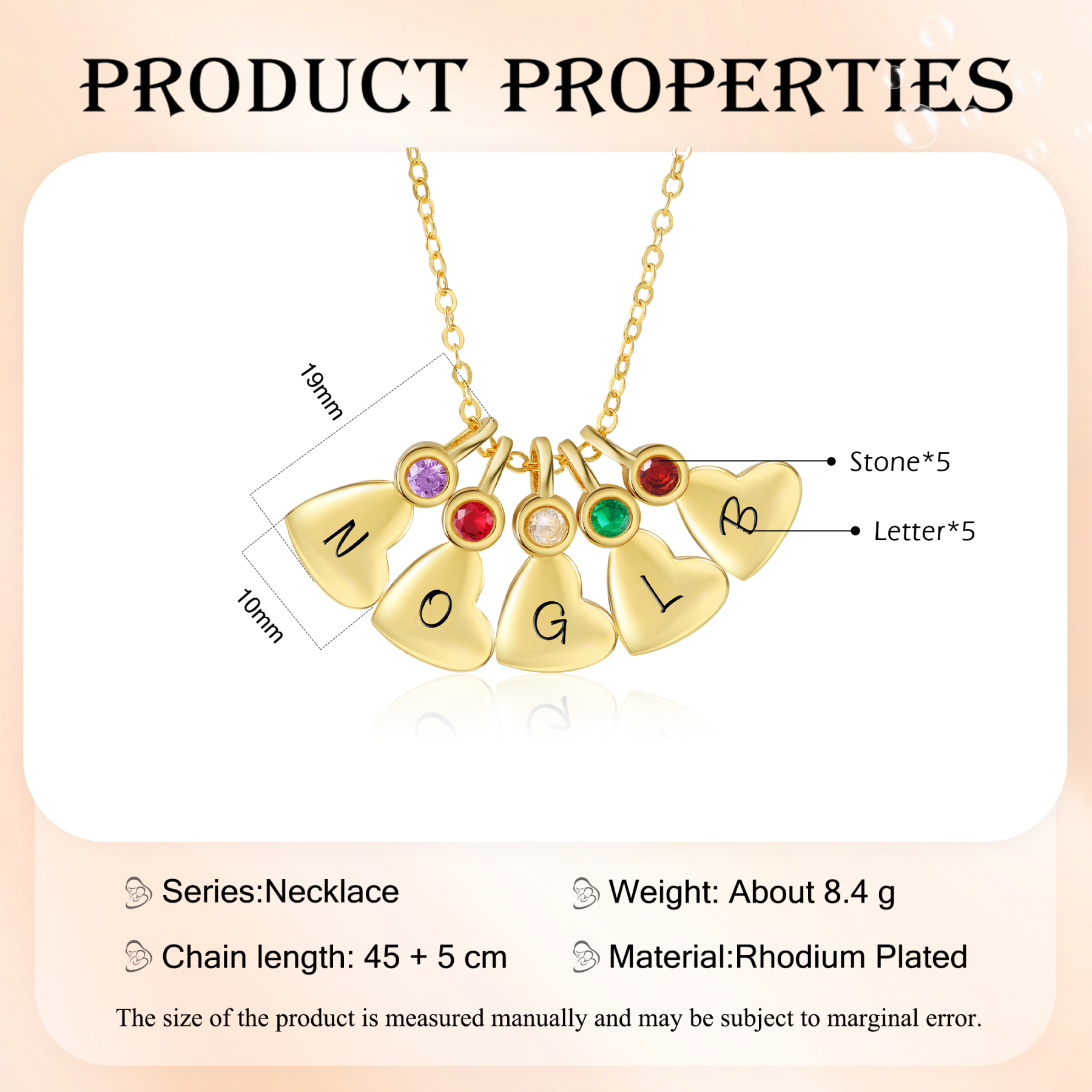 Collier Pendentif Cœur 6 Lettres Personnalisées avec Pierre de naissance pour Femmes