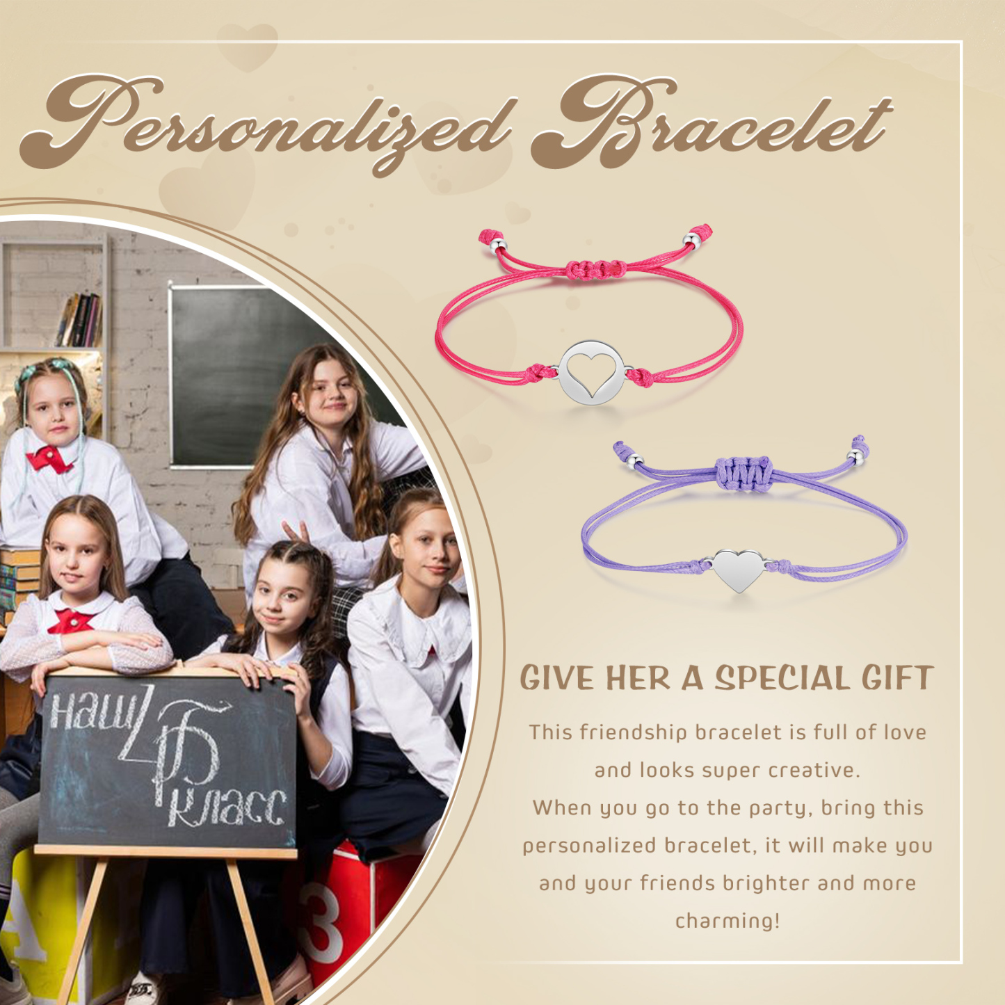 2PCS Ensemble de Bracelets Cœur - Cadeau Rentrée Scolaire Premier jour d’école