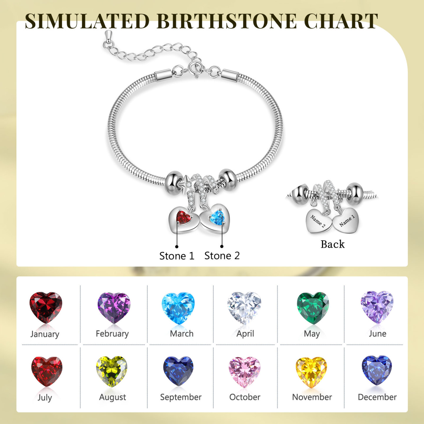 Bracelet Personnalisé avec 2 Prénoms et Pierres de Naissance Bracelet avec pendentif en forme de coeur pour Femme | Jessemade