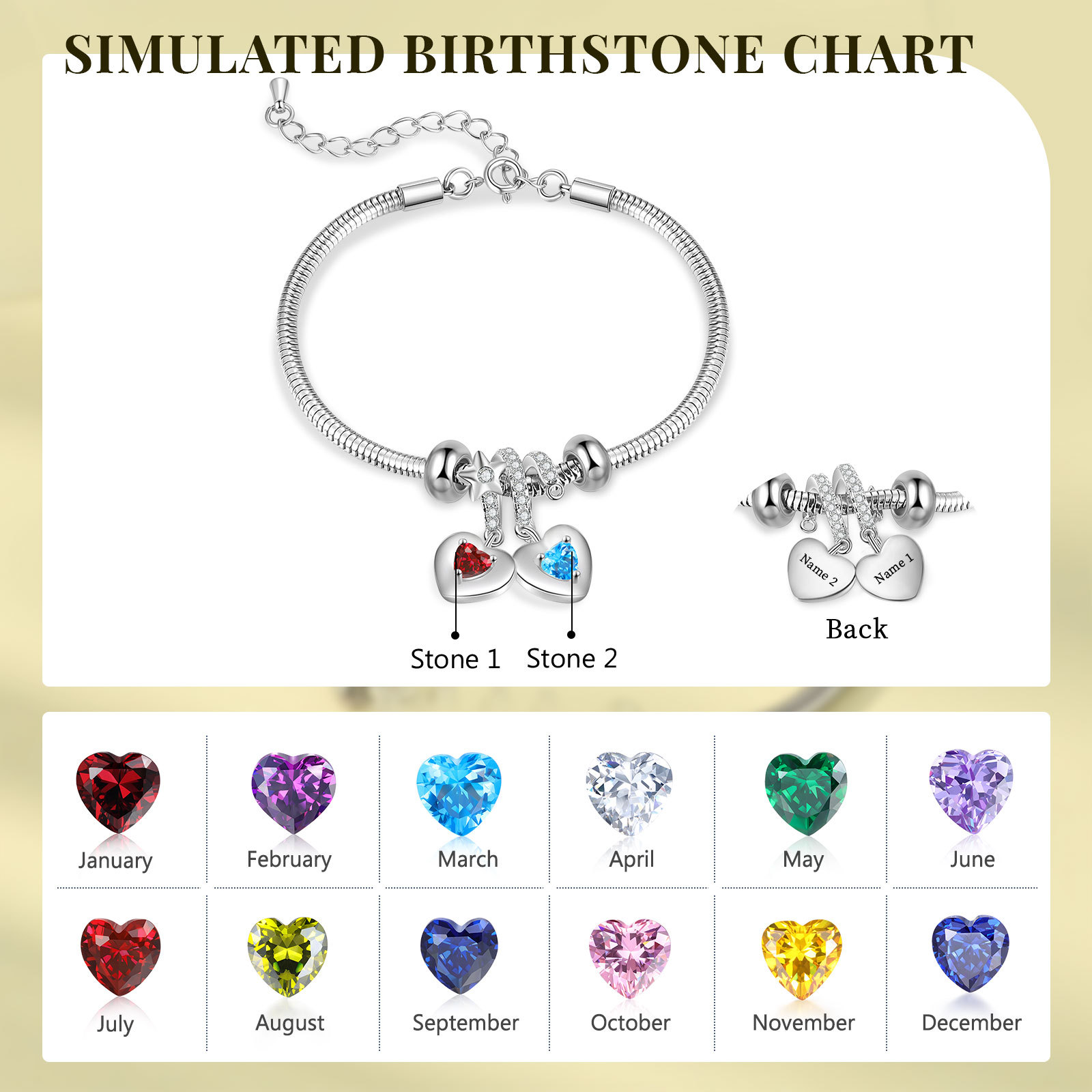 Bracelet Personnalisé avec 2 Prénoms et Pierres de Naissance Bracelet avec pendentif en forme de coeur pour Femme | Jessemade